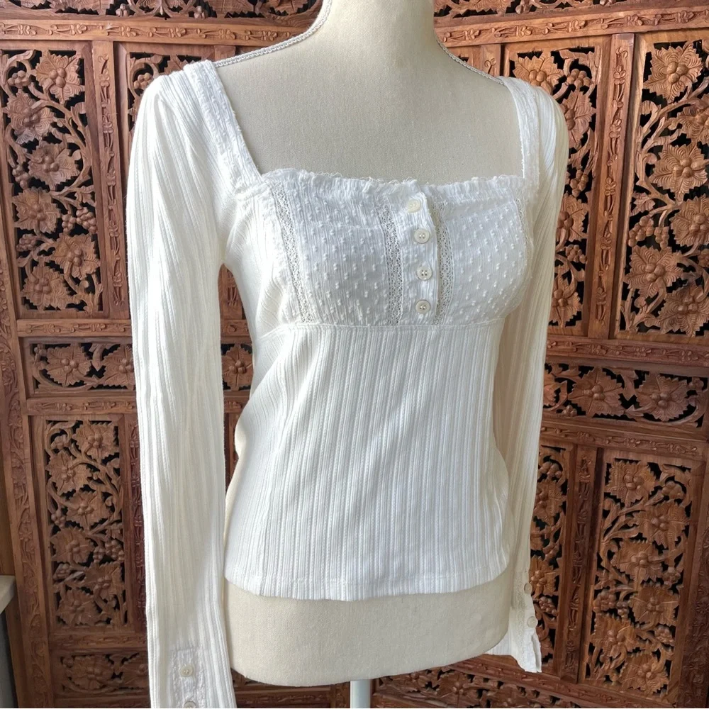 Free People White cotton lace Square-Neck Ribbed Long-Sleeve Top - Picture 2 of 7